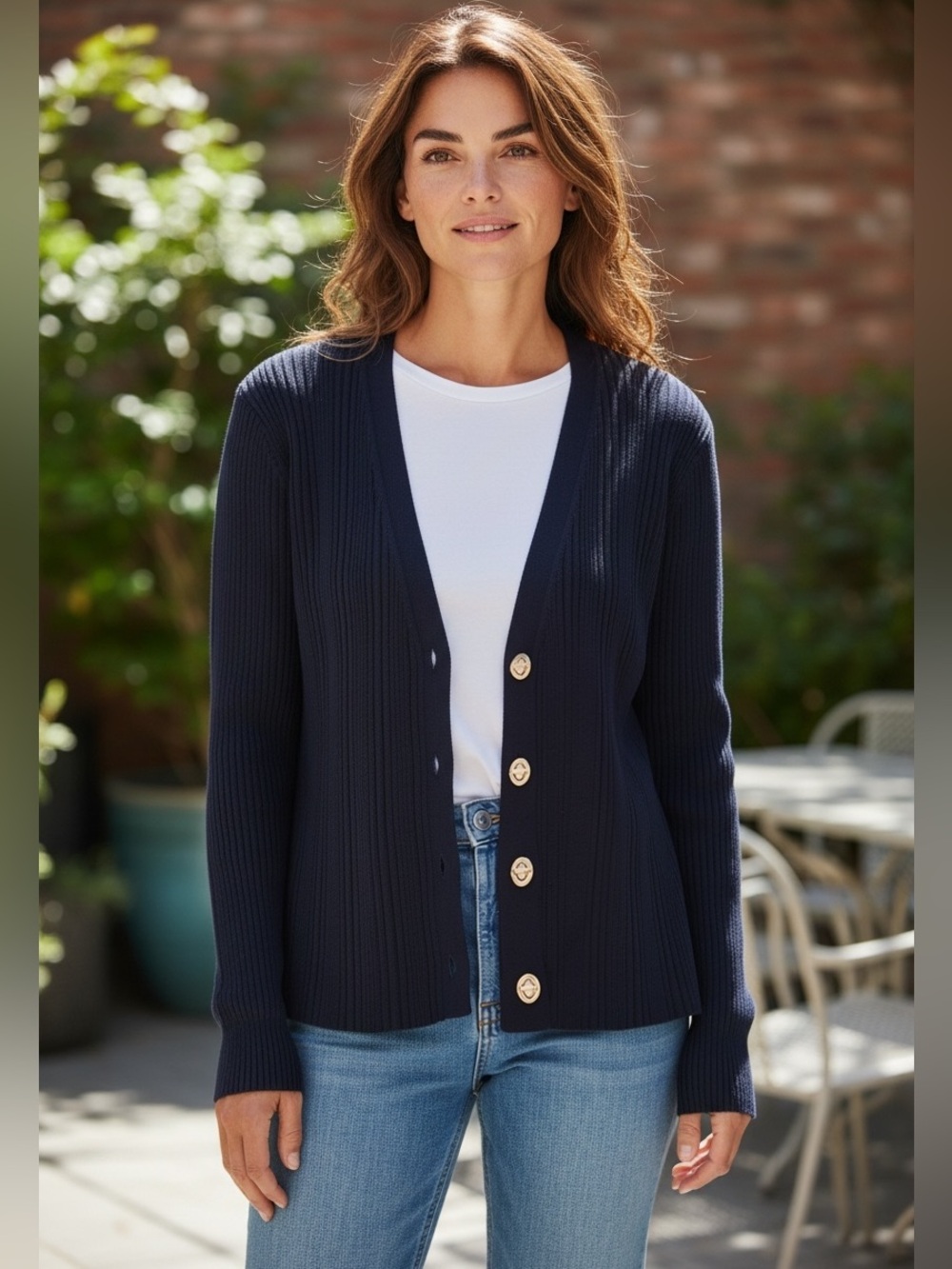 Elite Tahari Navy Ribbed Button-Front Women's Cardigan Sweater